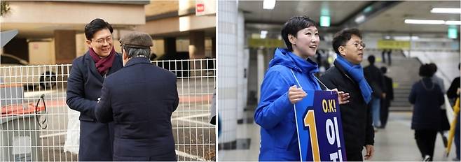 서울 마포갑 총선에 나서는 조정훈 국민의힘 후보(왼쪽사진)와 이지은 더불어민주당 후보가 지역에서 유세하며 시민들과 만나고 있다. 조정훈·이지은 후보 측 제공