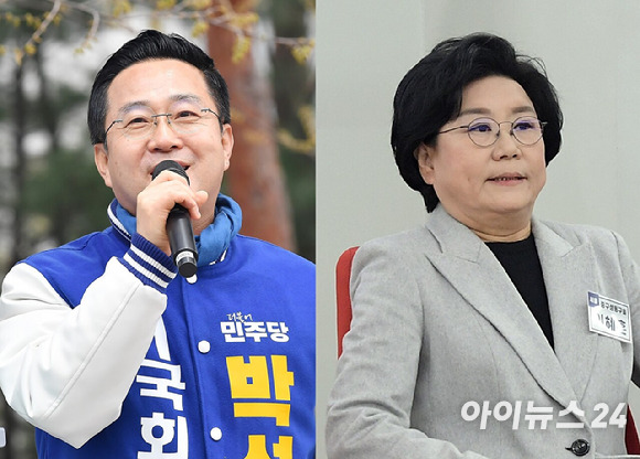 박성준 더불어민주당 의원(왼쪽)과 이혜훈 국민의힘 후보. [사진=곽영래 기자]