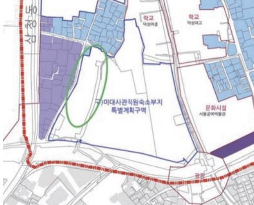 심상규 집터로 추정되는 장소  2023년 서울시의 도시관리계획 자료에서 심상규 집터로 추정되는 곳을 표시한 곳 (녹색 타원). 학술지 '고궁문화' 논문 캡처 [국립고궁박물관 제공. 재판매 및 DB 금지]