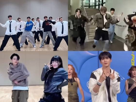 (왼쪽 상단부터 시계방향으로) 투어스와 세븐틴·라이즈와 키·아일릿과 엔하이픈·유니스와 제로베이스원이 함께한 챌린지 영상 캡처.