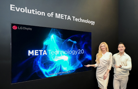 LG디스플레이 모델이 '메타 테크놀로지 2.0'을 적용한 OLED TV 패널 신제품을 소개하고 있다. LG디스플레이 제공