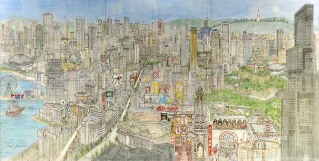 이번 전시에는 오사카 등 일본의 풍경을 담은 스케치 작품도 포함됐다. 후지시로 세이지, 오사카 파노라마(스케치). 케이아트커뮤니케이션 제공