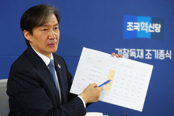 조국 조국혁신당 대표가 1일 오전 조국혁신당 당사에서 인터넷매체 공동취재단과의 인터뷰에서 한 여론조사 결과를 설명하고 있다. [사진=인터넷매체 공동취재단 ]