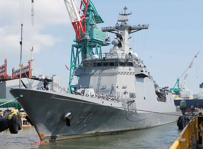 The newest frigate of the Philippine Navy, a Jose Rizal-class frigate, is docked at HD Hyundai Heavy Industries' Ulsan dock on June 15 last year for depot maintenance. HHI has been offering maintenance, repair and overhaul services for the Navy since 2022. (HD Hyundai Heavy Industries)
