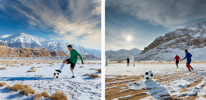 LG 그램 프로 17인치 모델에서 어도비 생성형 AI 플랫폼 '파이어플라이'를 통해 만든 사막에서 눈 속에서 축구하는 이미지. 사진=구자윤 기자