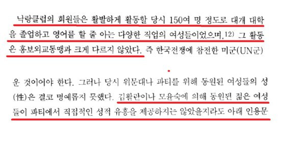 이임하 성공회대 동아시아 교수의 '한국전쟁과 여성성의 동원(2007)' 논문 중 일부. 김준혁 후보는 이 논문을 근거로 이화여대 학생들의 미군 성상납설을 주장했다고 해명했지만, 해당 논문은 '성상납'에 대해서는 인정하지 않고 있다.