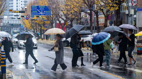 부산시민이 우산을 쓰고 길을 지나고 있다. 국제신문 DB