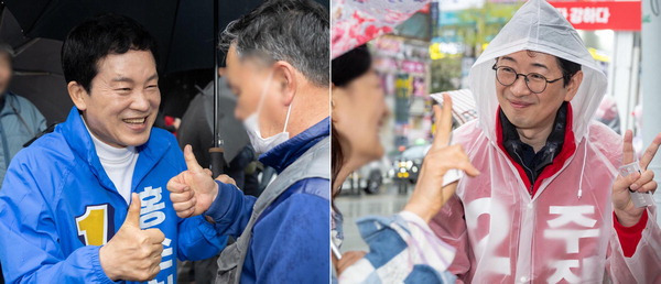 3일 더불어민주당 홍순헌 해운대갑 후보가 해운대구청 앞에서 유권자에게 지지를 호소하고 있다. 오른쪽 사진은 같은 날 국민의힘 주진우 해운대갑 후보가 NC백화점 앞에서 선거운동을 하고 있다.   이원준 기자 windstorm@kookje.co.kr