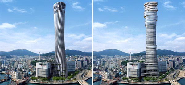 지난해 8월 15일 롯데쇼핑이 공개한 ‘부산롯데타워’ 조감도(왼쪽)와 같은 달 17일 기공식 당일 내놓은 조감도. 롯데쇼핑 제공