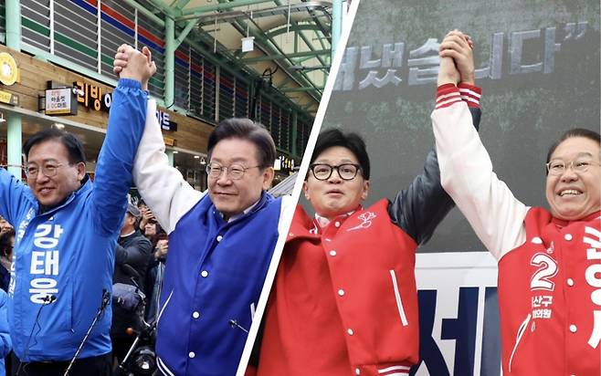 더불어민주당 이재명 상임공동선대위원장이 13일 오후 서울 용산구 용문시장을 찾아 강태웅 후보의 손을 들어보이고 있다(왼쪽). 국민의힘 한동훈 비상대책위원장이 28일 서울 용산구 용문시장 앞에서 권영세 후보를 지원유세하고 있다. ⓒ시사저널 이종현·박은숙