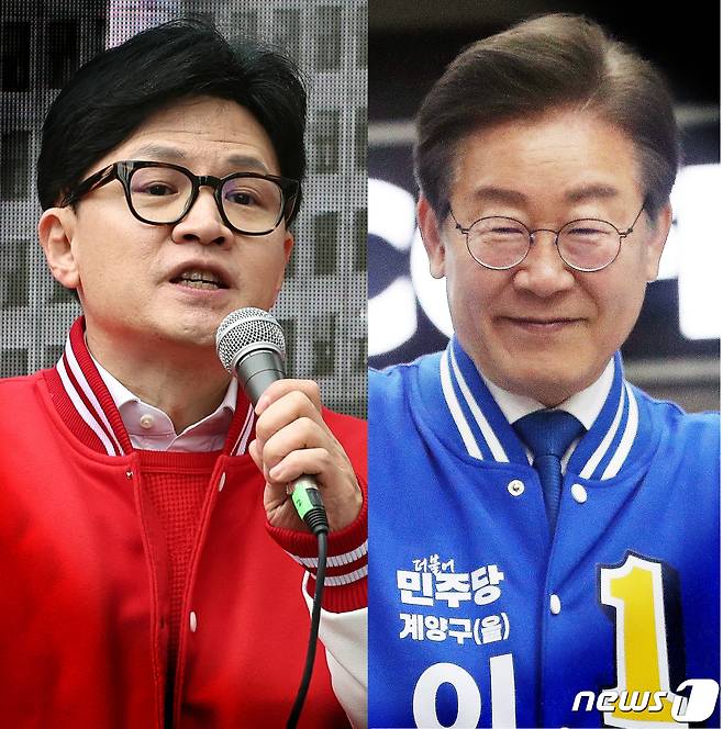 한동훈 국민의힘 총괄선대위원장과 이재명 더불어민주당 대표가 28일 선거유세를 하고 있다. 2024.3.28/뉴스1