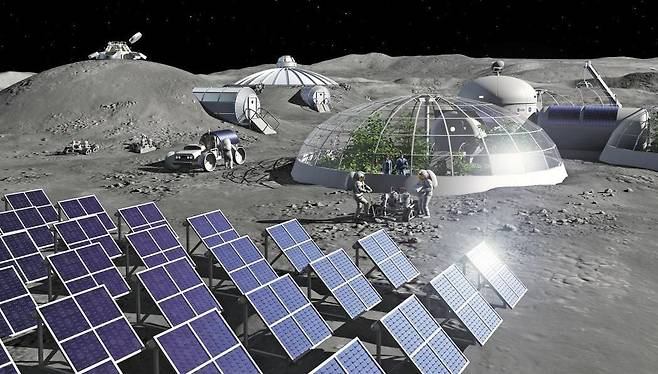 2026년 우주 비행사의 달 착륙을 계획한 미 항공우주국(NASA)이 달에서 농작물을 키우는 방안을 추진하고 있다. 사진은 유럽우주국(ESA)이 달에 온실을 건설하고 농작물을 재배하는 장면을 묘사한 상상도이다./ESA