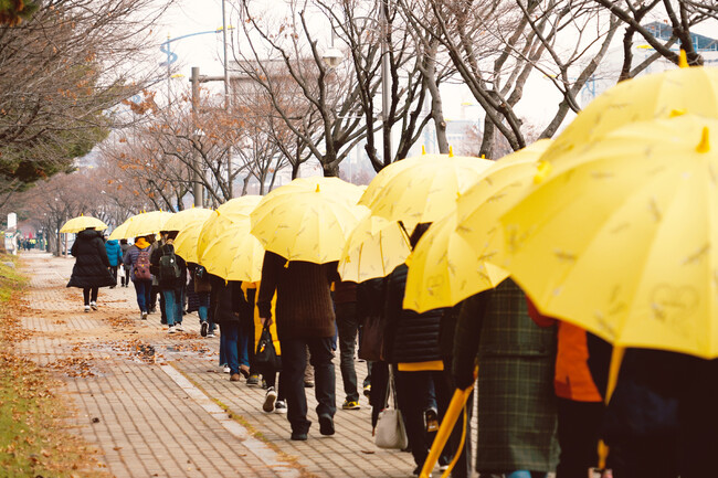 노란 우산을 쓰고 ‘기억과 약속의 길’을 따라 걷는 시민들의 모습. 4·16재단 제공