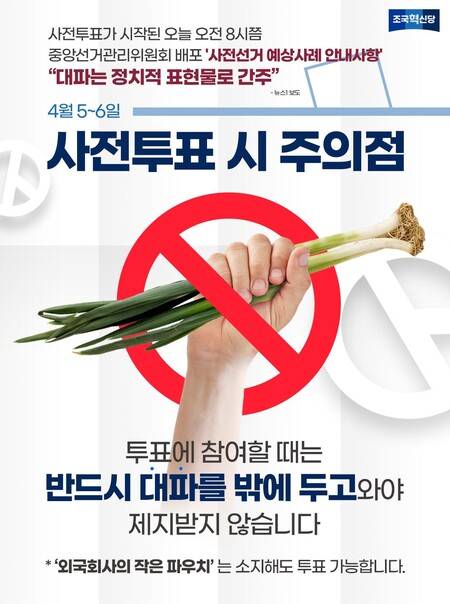 조국혁신당이 중앙선관위의 사전투표소 대파 반입 금지와 관련해 제작해 배포한 카드뉴스 이미지. 조국혁신당 누리집 갈무리