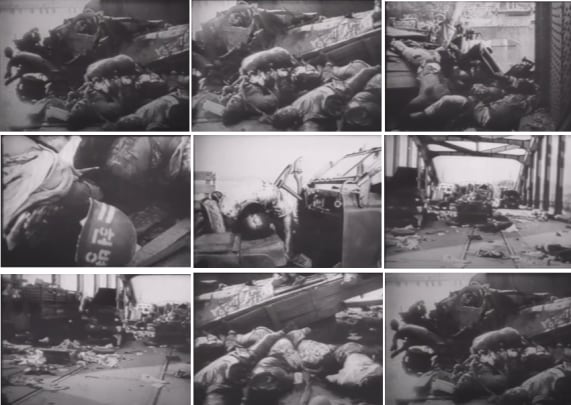 1950년 6월 28일 오후 북한군 선전대가 촬영한 한강 인도교 상판 위의 사망자. 헬멧 위의 헌병 글자가 선명하다. 동영상 캡처.