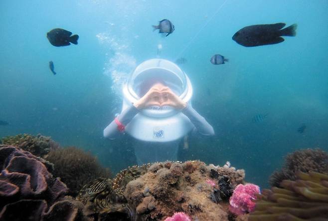 본지 김지원 기자가 시워킹 체험 도중 손으로 하트를 그려 보이고 있다. 공기가 주입되는 특수 헬멧을 쓰고 바닷속으로 잠수하면 다양한 해양 생물을 구경할 수 있다./선 그룹 제공