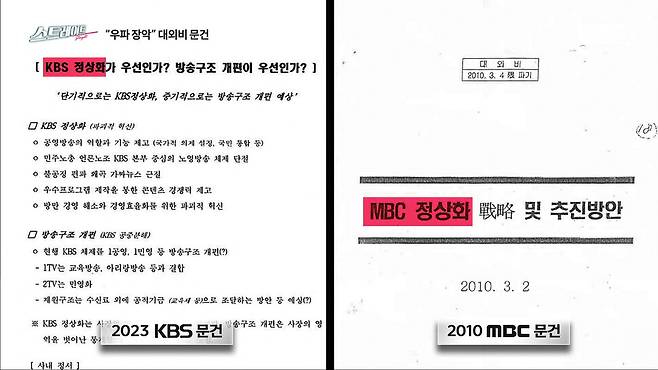 2023년 ‘케이비에스 장악을 위한 대외비 문건’(왼쪽)과 2010년 국가정보원이 이명박 청와대 홍보수석실의 지시로 작성했다고 알려진 ‘엠비시 정상화 문건’. ‘탐사기획 스트레이트’(문화방송) 화면 갈무리
