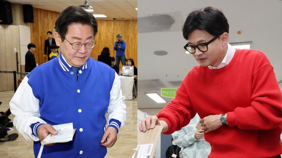 이재명 더불어민주당 대표와 한동훈 국민의힘 비대위원장이 5일 사전투표소에서 투표하는 모습. 연합뉴스