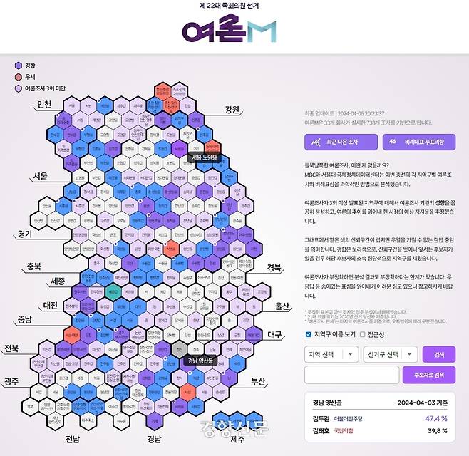 서울대 박종희 교수팀과 MBC가 중앙여론조사심의위원회 여론조사 결과 자료를 바탕으로 만든 판세 예측 사이트 ‘여론M’. 4월 7일 0시 현재 733개 여론조사 결과 민주당 우세가 52, 국민의힘이 6, 새로운미래 1, 무소속 1, 경합 33의 ‘판세‘를 보이고 있다. 여론조사가 이뤄지지 않은 지역구는 79개다.  /여론M 캡처