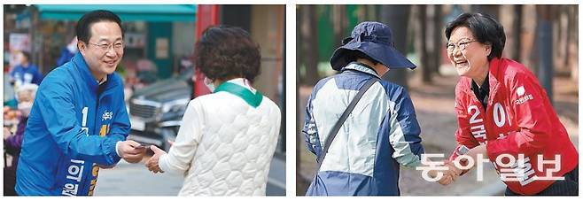 서울 중-성동을에 출마한 더불어민주당 박성준 후보(왼쪽 사진)와 국민의힘 이혜훈 후보가 7일 각각 지역 유권자들과 만나 악수를 
하고 있다. 박 후보 측은 “끝날 때까지 승부를 모르는 ‘반집 승부’가 될 것”이라고 했고, 이 후보 측도 “판세가 박빙세로 
접어들었다”고 봤다. 박형기 기자 oneshot@donga.com