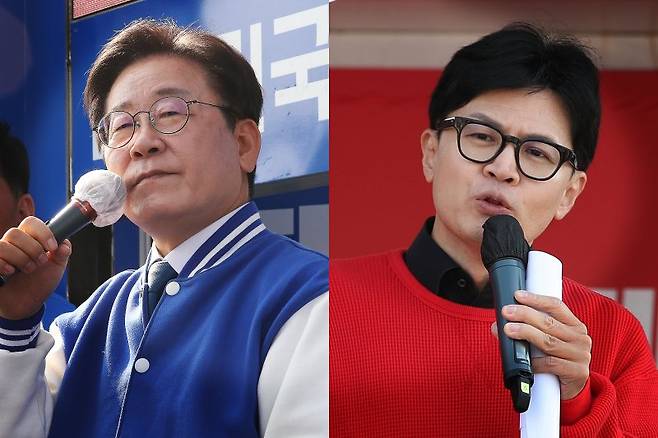 이재명 더불어민주당 대표(왼쪽)와 한동훈 국민의힘 비상대책위원장 지난 7일 각각 유세를 하고 있다. 뉴스1