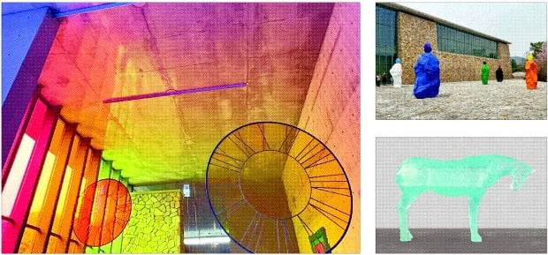 현대 미술계를 대표하는 작가 우고 론디노네의 개인전이 열리고 있는 강원 원주시 뮤지엄산. ‘시계’ 연작(왼쪽부터 시계 방향)과 ‘수녀와 수도승’ 시리즈, ‘켈트해’(2023) 등이 전시됐다. /뮤지엄산 제공