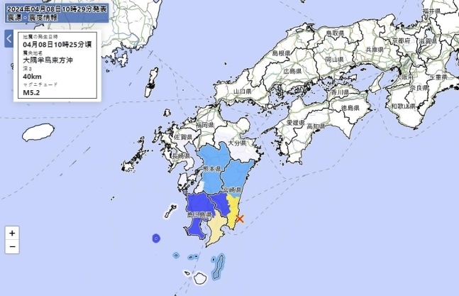 8일 일본 규슈 남부 지진 발생 지점. / 사진=일본 기상청 홈페이지 캡처