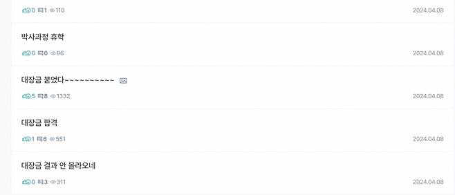 8일 발표 직후 국내 대학원생 커뮤니티에 '대장금(대통령 과학장학금)' 합격 '인증글'이 올라오기 시작했다. /사진=김박사넷 갈무리