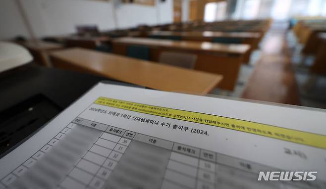 [대구=뉴시스] 이무열 기자 = 8일 대구 중구 경북대학교 의과대학 1학년 강의실에 출석부가 놓여있다. 의대생들의 집단행동으로 인한 유급 마지노선이 다가오자 경북대학교는 이날 수업을 재개했으나, 강의실은 텅 비어있다. 2024.04.08. lmy@newsis.com