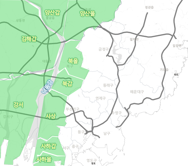 <그림 1> ‘낙동강 벨트’ 권역 지도(배경 지도: 국토정보플랫폼)