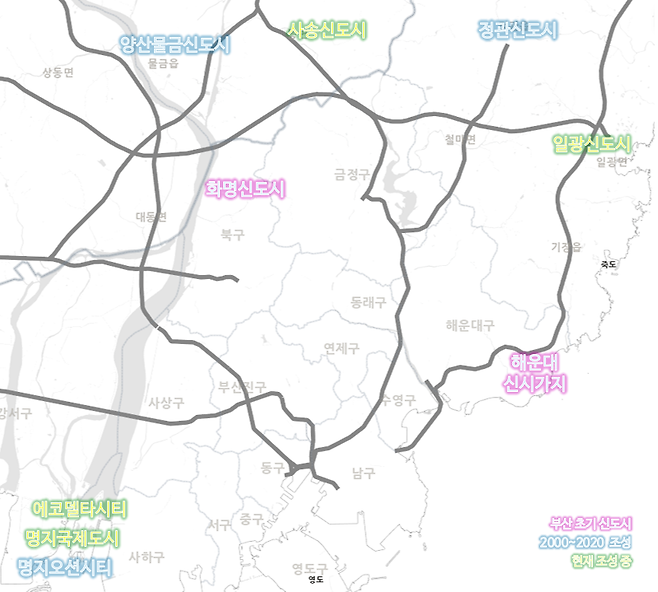 <그림 2> 부산 지역 주요 신도시 (배경 지도: 국토정보플랫폼)