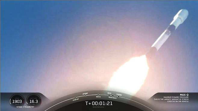 군 두번째 군사정찰위성 발사 (서울=연합뉴스) 8일 오전(한국 시간) 군사정찰위성 2호기가 미국 민간 우주기업 스페이스X의 '팰컨9' 로켓에 탑재돼 미국 플로리다주 케네디스페이스센터 발사장에서 발사되고 있다. 2024.4.8 [스페이스X 영상 캡처. 재판매 및 DB 금지] photo@yna.co.kr