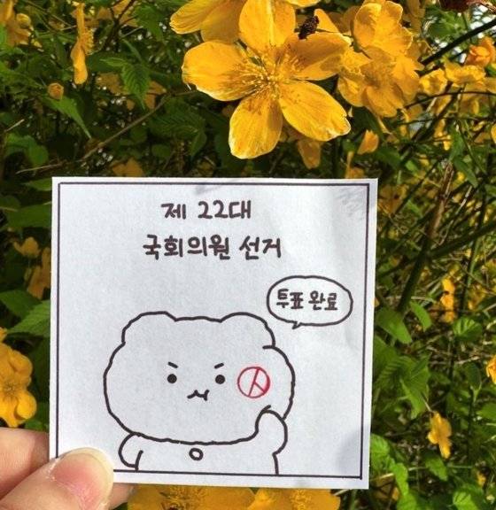 인기 캐릭터 ‘망그러진 곰(망곰이)’의 왼쪽 볼에 기표도장을 찍어 올리는 투표 인증샷이 SNS상에서 인기를 끌고 있다. 독자 제공