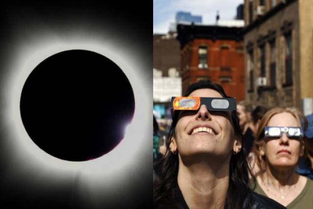 8일(현지시간) 미국 텍사스주 패리스에서 관측된 개기일식에 많은 사람들이 지켜보고 있다. 연합뉴스