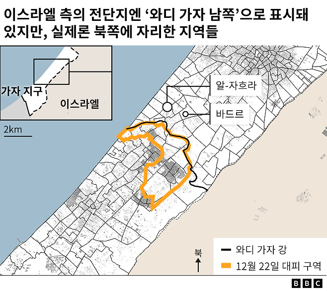 가자 지구 지도상 알-자흐라와 바드르의 위치