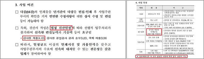 기획재정부가 지난 1월에 발주한 ‘2023회계연도 국가결산보고서 등 인쇄 및 포장’ 용역 제안요청서에는 4월10일을 국가결산보고서의 감사원 법정 제출 기한으로 여러차례 강조하고 있다. 나라장터