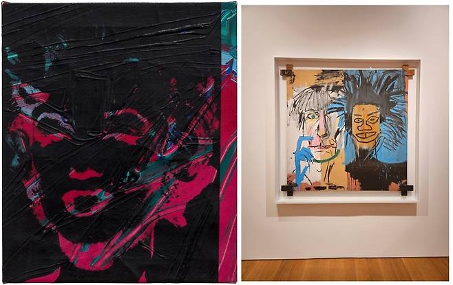 왼쪽은 앤디 워홀의 ‘마릴린 먼로’ 연작 중 하나인 1979년작 ‘Multicolored Marilyn(Reversal Series)’(1979). 오른쪽은 장미셸 바스키아가 워홀과 자신의 모습을 그린 ‘Dos Cabezas’(1982). 두 작품 모두 가고시안 홍콩에서 전시 중이다. [가고시안·홍콩=송경은 기자]