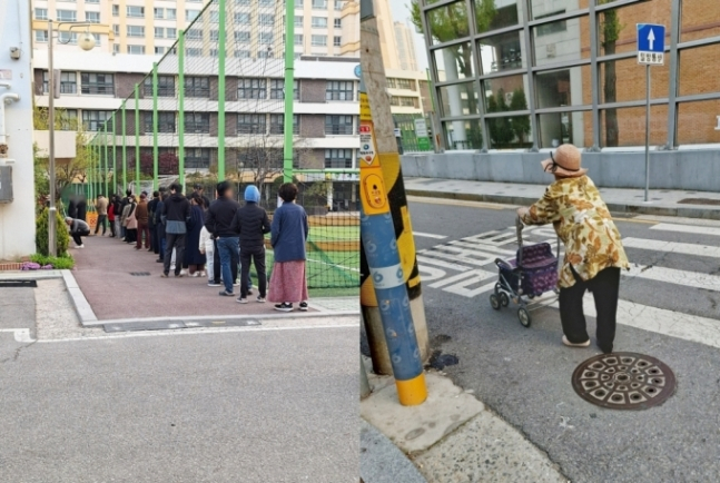 제22대 국회의원 선거 본투표일인 10일 오전 6시30분쯤 서울 영등포구의 한 투표소장에 50여명이 넘는 사람들이 줄을 서고 있다. 어르신도 두 손으로 보행기를 꽉 잡고 투표소 내부로 몸을 이끌었다. /사진=김지은 기자