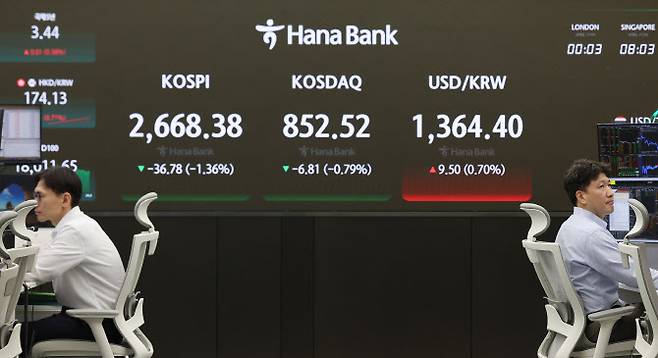 11일 오전 서울 중구 하나은행 본점 딜링룸에서 직원들이 업무를 보고 있다. (사진=연합뉴스)