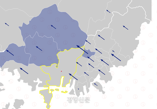 경향신문 인터랙티브 뉴스로 부산 지역의 선거 결과를 살펴본 모습이다. 왼쪽 파란 화살표의 크기와 길이는 더불어민주당 쪽으로의 민심 이동 강도를 의미한다.