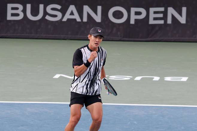 부산오픈챌린저 8강에서 득점 후 화이팅을 외치는 권순우