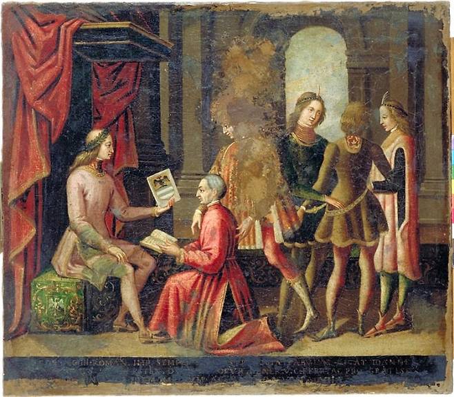15세기 이탈리아의 천문학자 지오반니 비안키니가 신성 로마 제국의 프리드리히 3세에게 자신이 지은 천문학 연구서를 바치는 모습. 퍼블릭도메인 제공