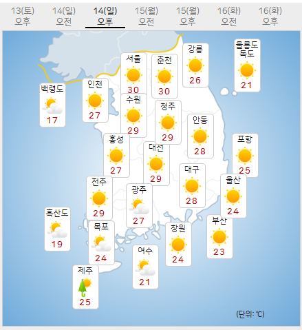 내일(14일) 오후 날씨. [사진=기상청]