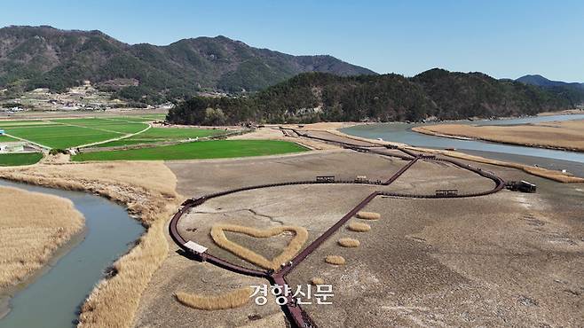 순천만 습지를 드론으로 담았다. 갈대밭이 하트 모양으로 다듬어져 있다. 이윤정 기자