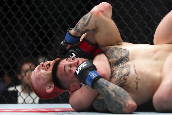 보 니칼이 UFC 300에서 코드 브런디지의 목을 잡고 리어네이키드 초크 기술을 걸고 있다. 사진=AP PHOTO