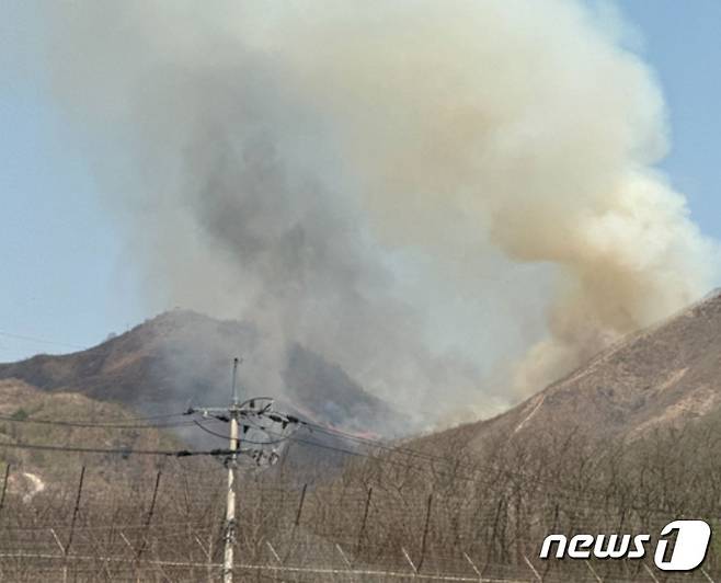 14일 낮 12시34분쯤 강원 철원군 김화읍 읍내리에서 산불이 발생한 가운데, 완벽한 진화는 하루를 넘길 것으로 예상된다. (강원도소방본부 제공) 2024.4.14/뉴스1