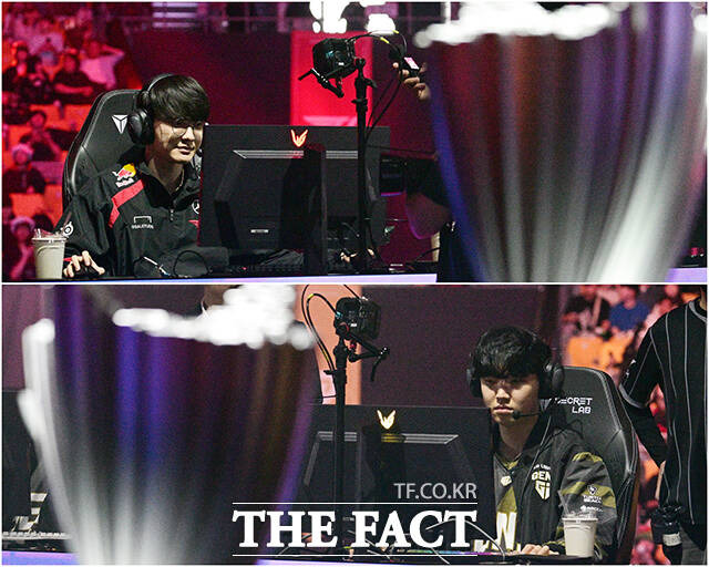 '우리은행 2024 LCK 스프링 결승전'이 14일 오후 서울 송파구 KSPO돔에서 열리는 가운데 T1의 '페이커' 이상혁(위쪽)과 젠지의 '쵸비' 정지훈이 경기를 준비하고 있다. /서예원 기자