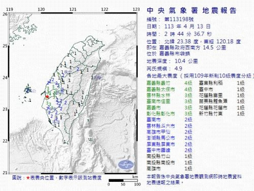 ▲대만 남서부 자이 지역 규모 4.9 지진 발생 [대만 중앙기상서]