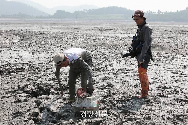 김준 전남대 호남학연구원 학술연구교수가 2017년 전남 신안군 장산도 갯벌에서 낙지를 잡는 어민과 인터뷰를 하고 있다.| 김준교수 제공