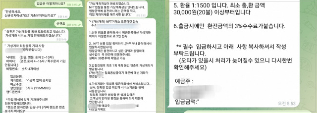 텔레그램에서 한 불법 '머니상'이 해외 온라인 홀덤 게임머니 거래 방법을 안내하고 있다. NFT(대체불가능토큰)를 구매하는 척 게임머니를 충전하는 방식으로 입출금이 이뤄지고 있다.장형임기자